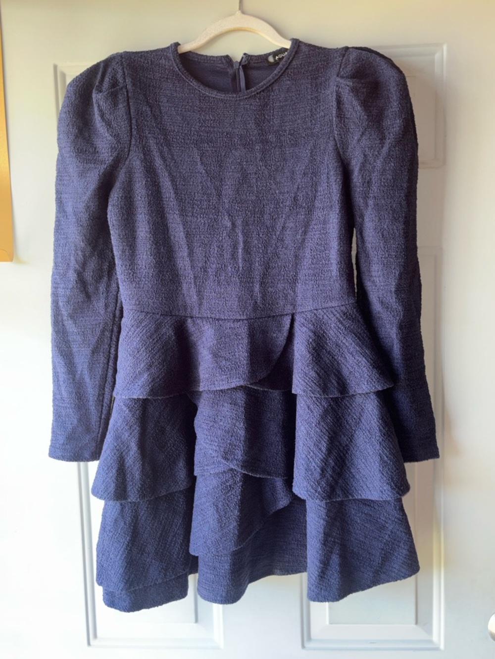 Aqua navy boucle puff sleeve ruffle dress size M